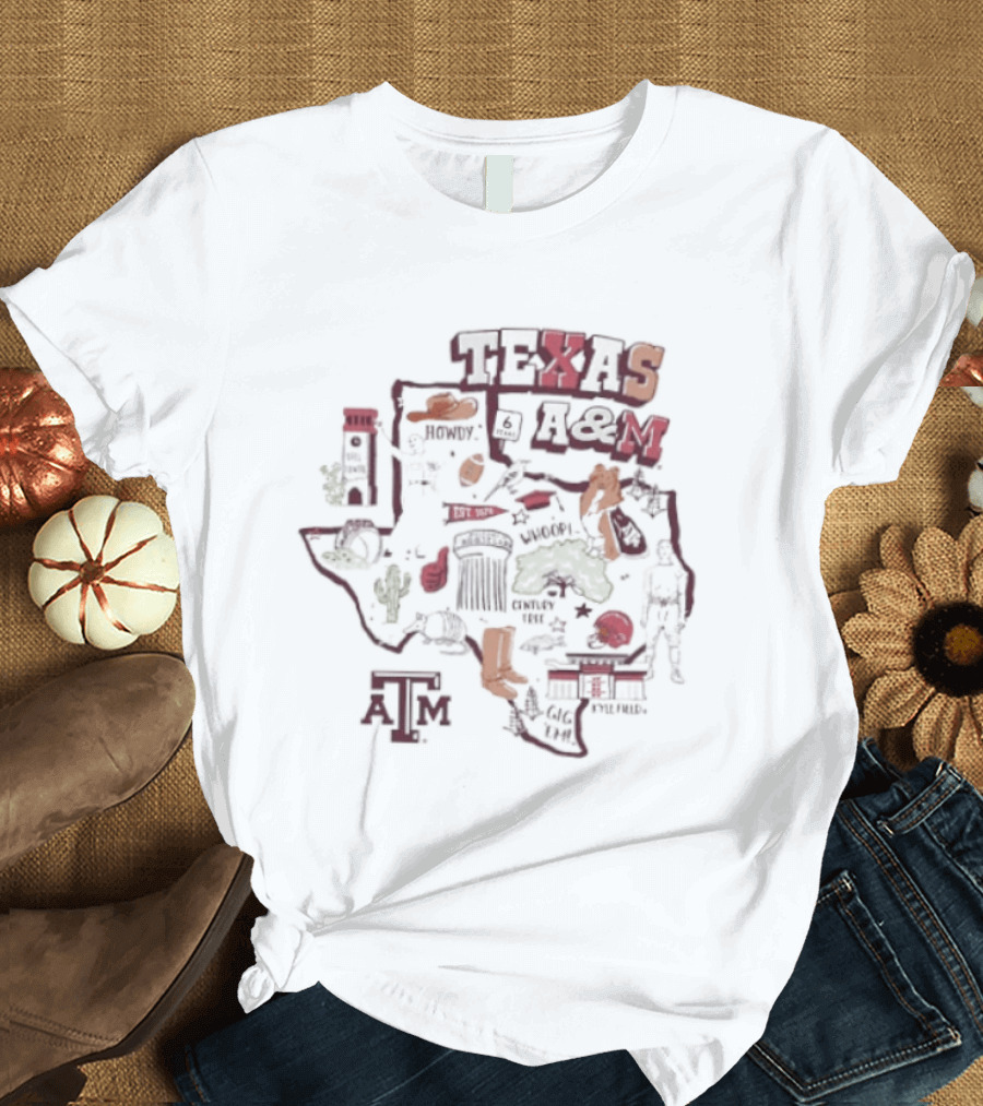 Texas A&M Aggies Map With Iconic Symbols And Landmarks T-Shirt