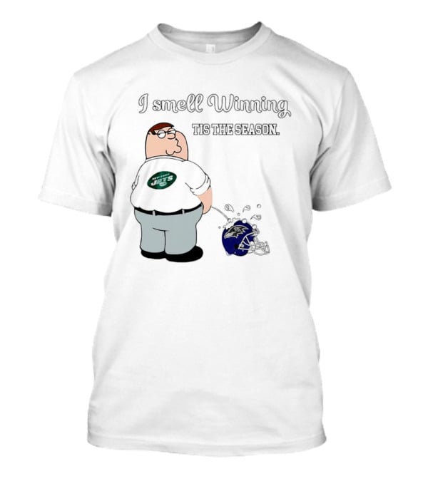 Peter Griffin New York Jets I Smell Winning Tis The Season Peeing On Baltimore Ravens Helmet T-Shirt