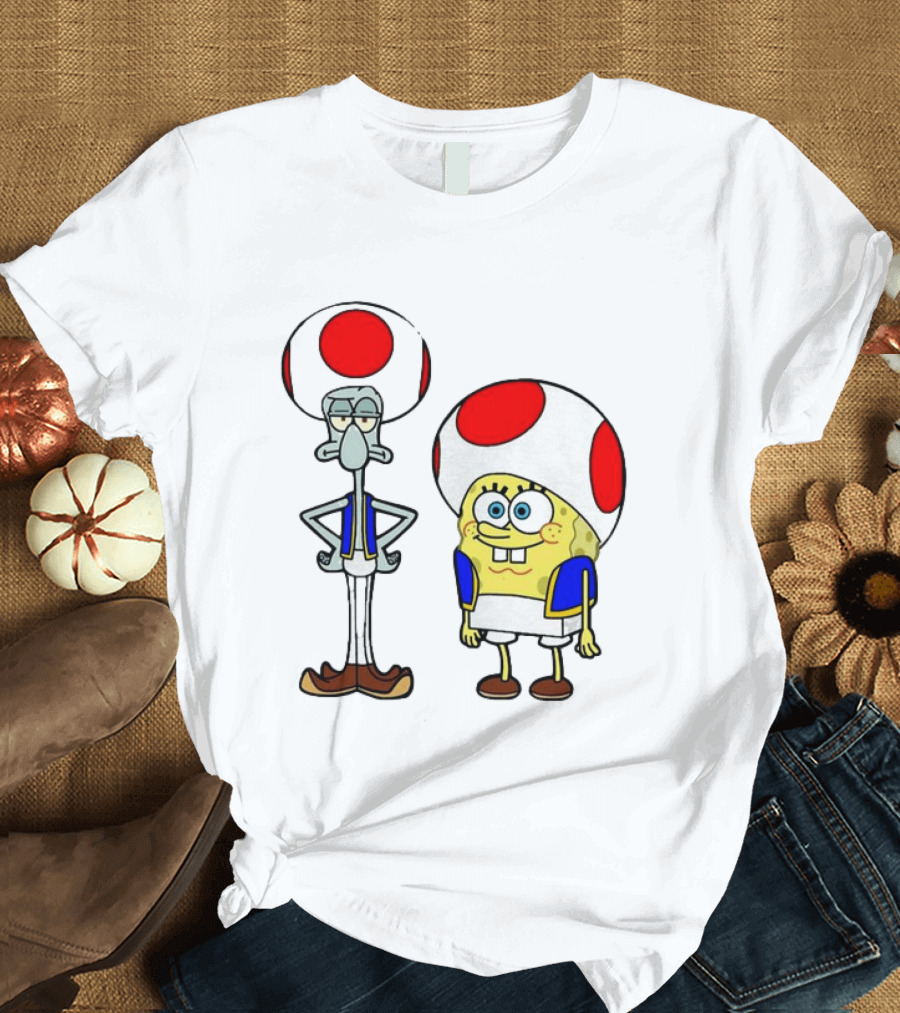 Toad Squidward Spongebob Crossover Super Mario Game Characters T-Shirt