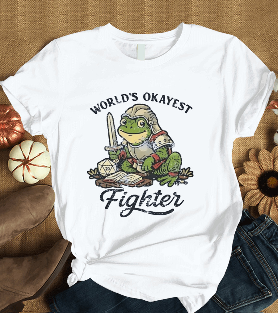 World's Okayest Fighter Frog In Armor With D20 Dice And Sword T-Shirt