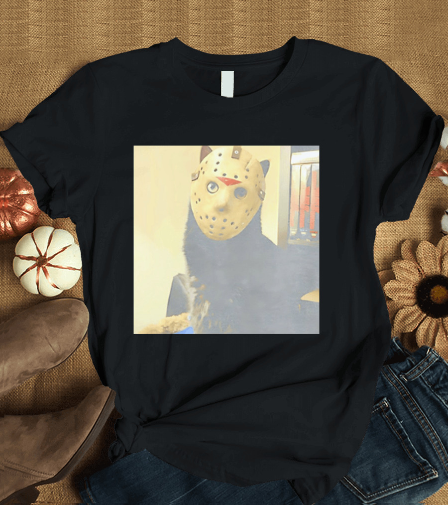 Black Cat In Horror Movie Jason Voorhees Mask T-Shirt