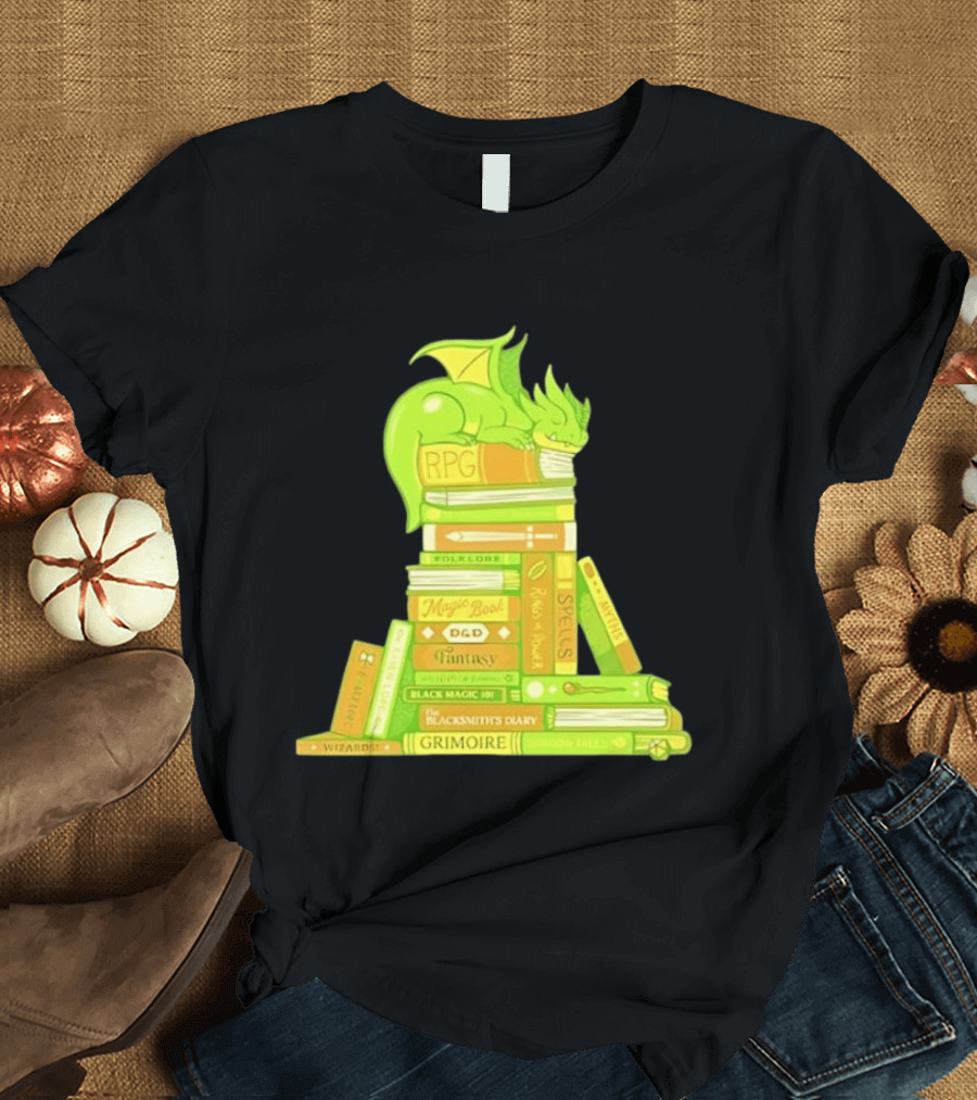 Sleeping Dragon On RPG Fantasy Magic Book Stack Grimoire Wizardry Tales T-Shirt