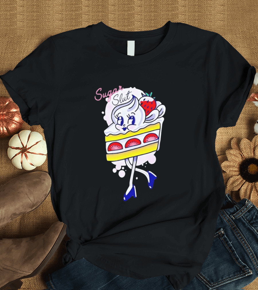 Sugar Slut Strawberry Cake Cartoon Slice With Whipped Cream And Berries T-Shirt