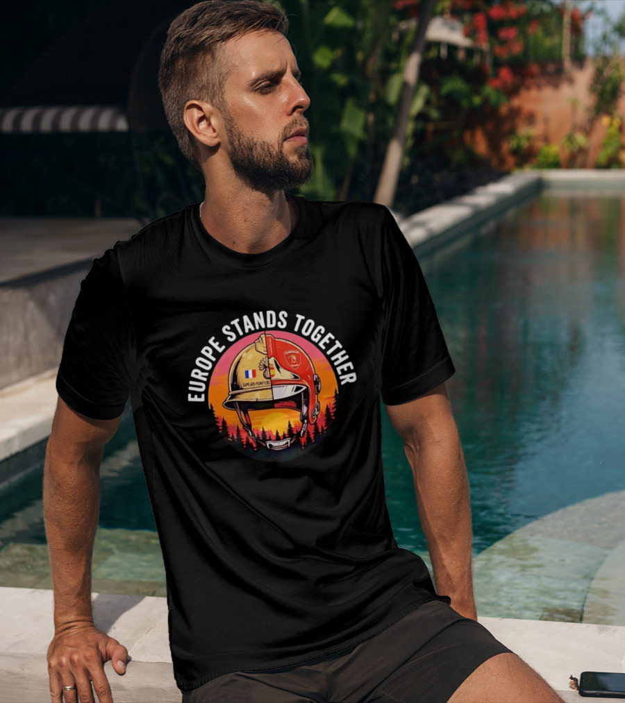 Europe Stands Together Sapeurs Pompiers Bomberos Espana Firefighter Helmet Forest Sunset T-Shirt