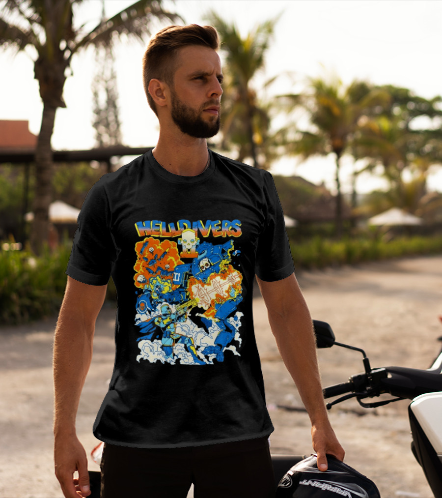Helldivers Super Earth Soldier Combat Action Explosive Battle Scene T-Shirt