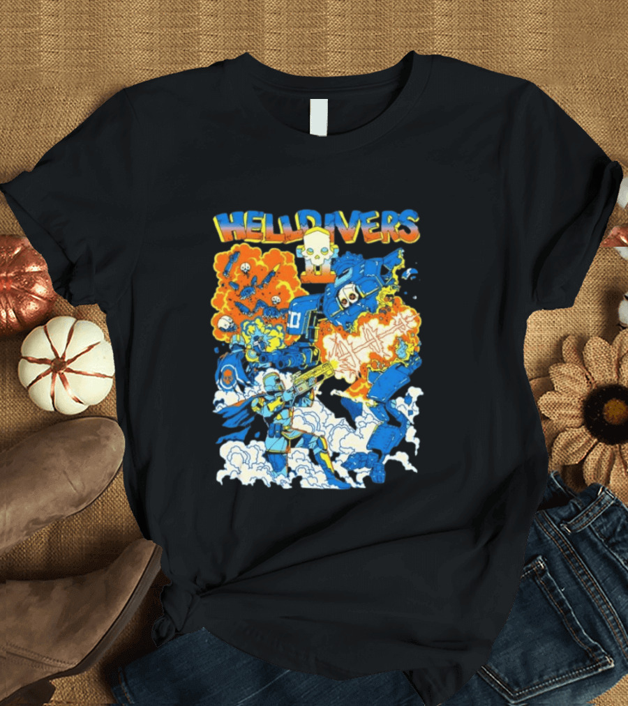 Helldivers Super Earth Soldier Combat Action Explosive Battle Scene T-Shirt