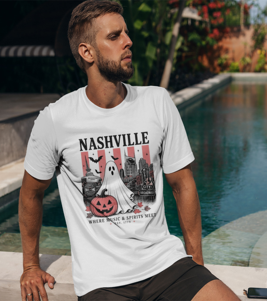 Nashville Halloween Ghost Music Spirits Skyline Pumpkin Bats T-Shirt