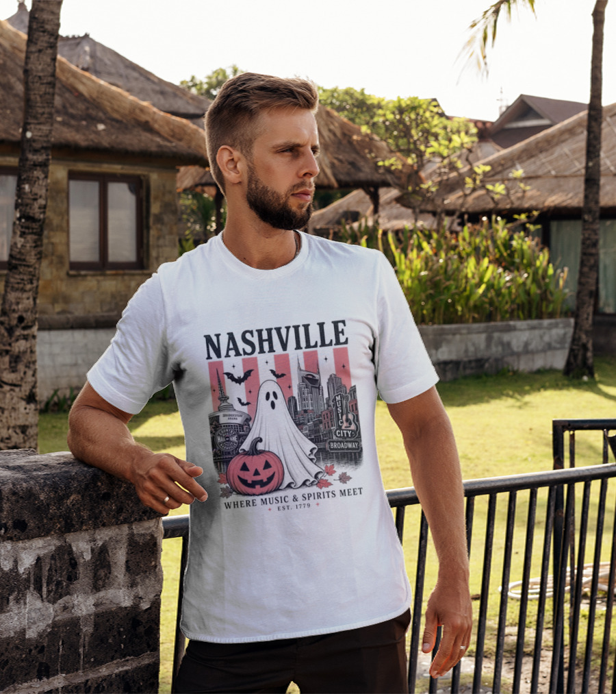 Nashville Halloween Ghost Music Spirits Skyline Pumpkin Bats T-Shirt