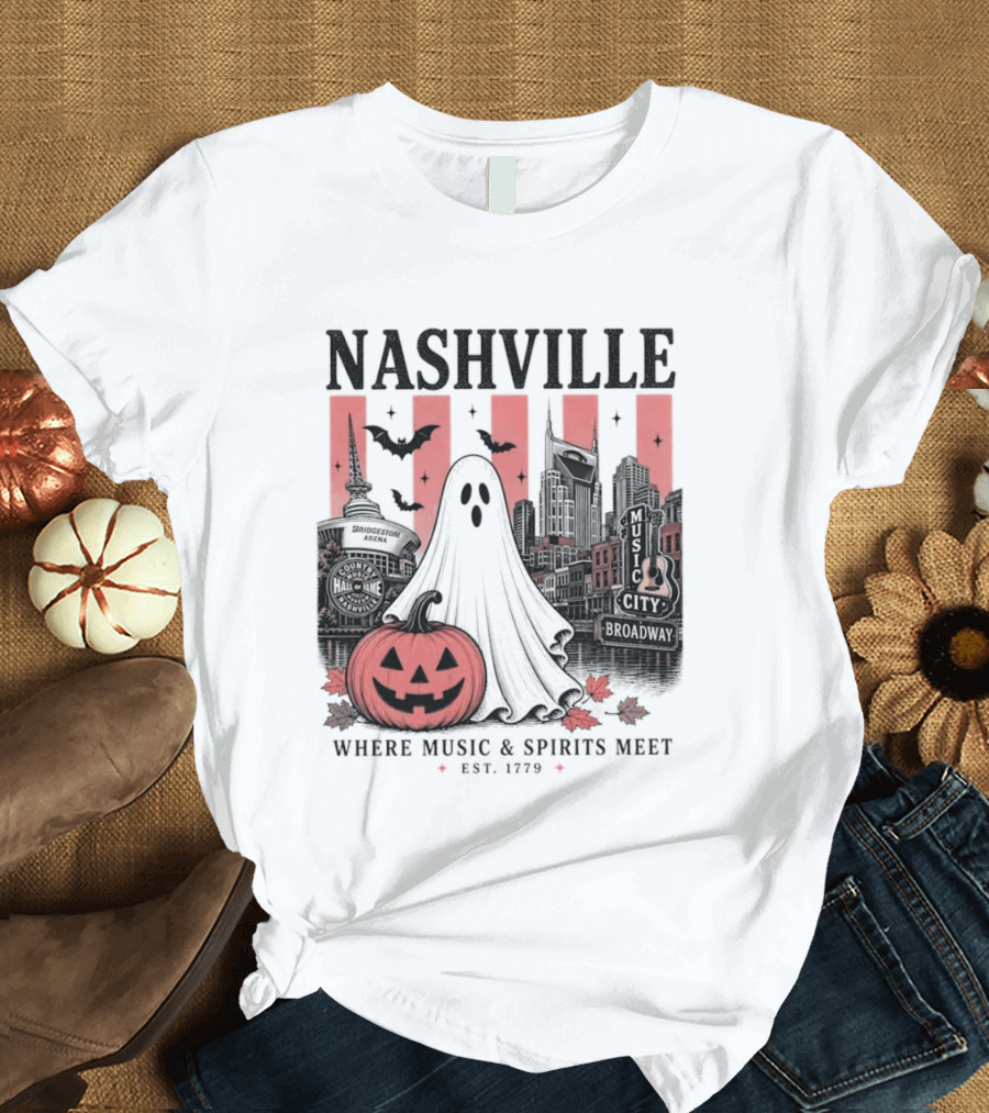 Nashville Halloween Ghost Music Spirits Skyline Pumpkin Bats T-Shirt