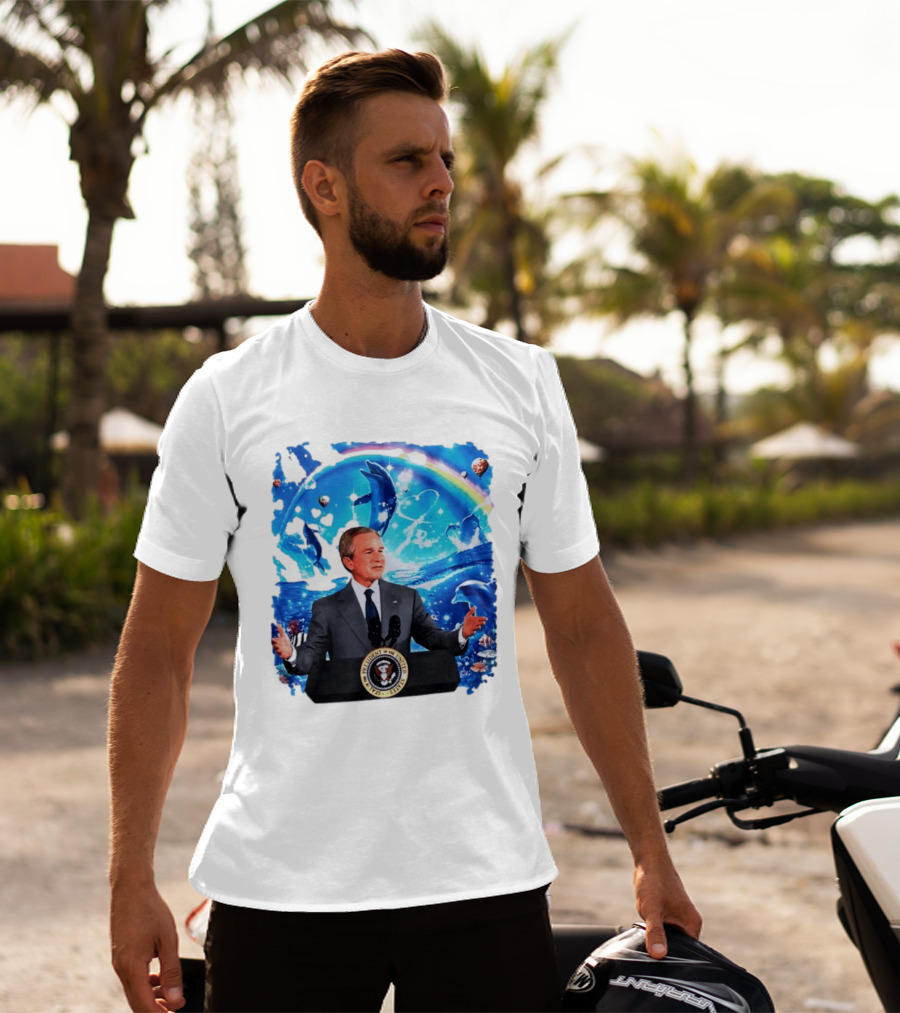 George W Bush Dolphins Coexist Peacefully With Rainbow And Ocean Scene T-Shirt