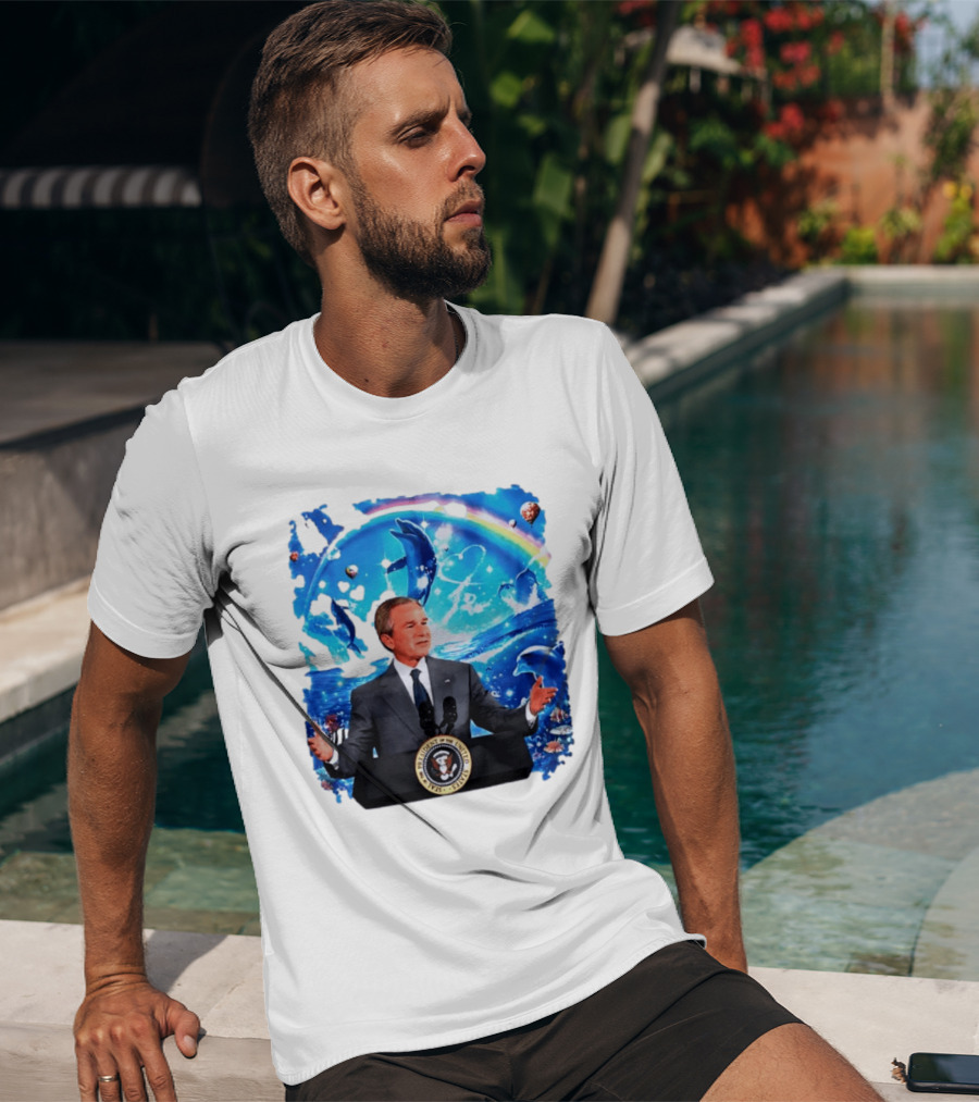 George W Bush Dolphins Coexist Peacefully With Rainbow And Ocean Scene T-Shirt