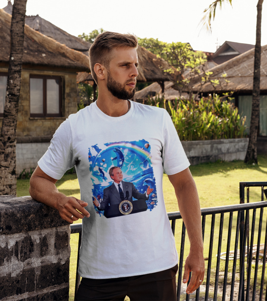 George W Bush Dolphins Coexist Peacefully With Rainbow And Ocean Scene T-Shirt