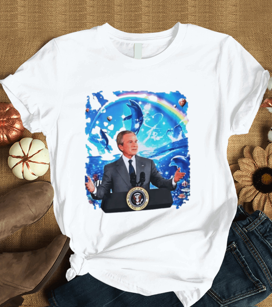 George W Bush Dolphins Coexist Peacefully With Rainbow And Ocean Scene T-Shirt