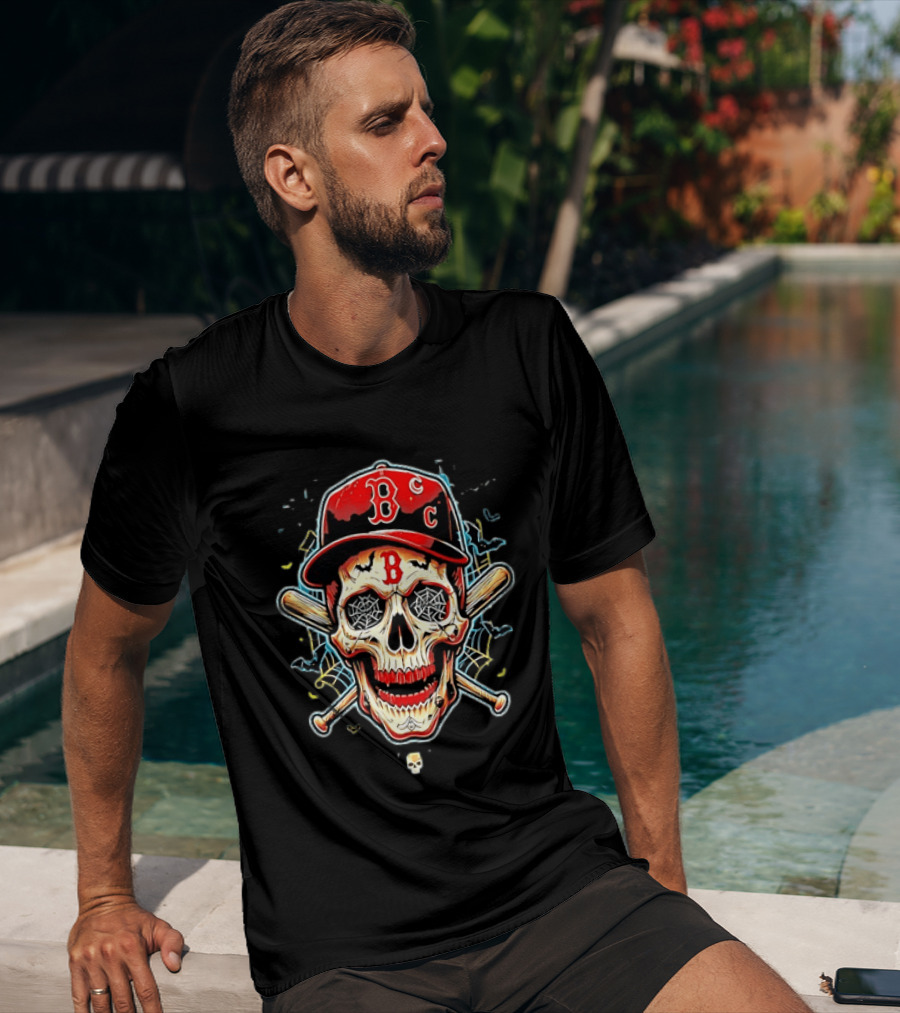 Boston Red Sox Skull Baseball Crossed Bats Red Cap T-Shirt