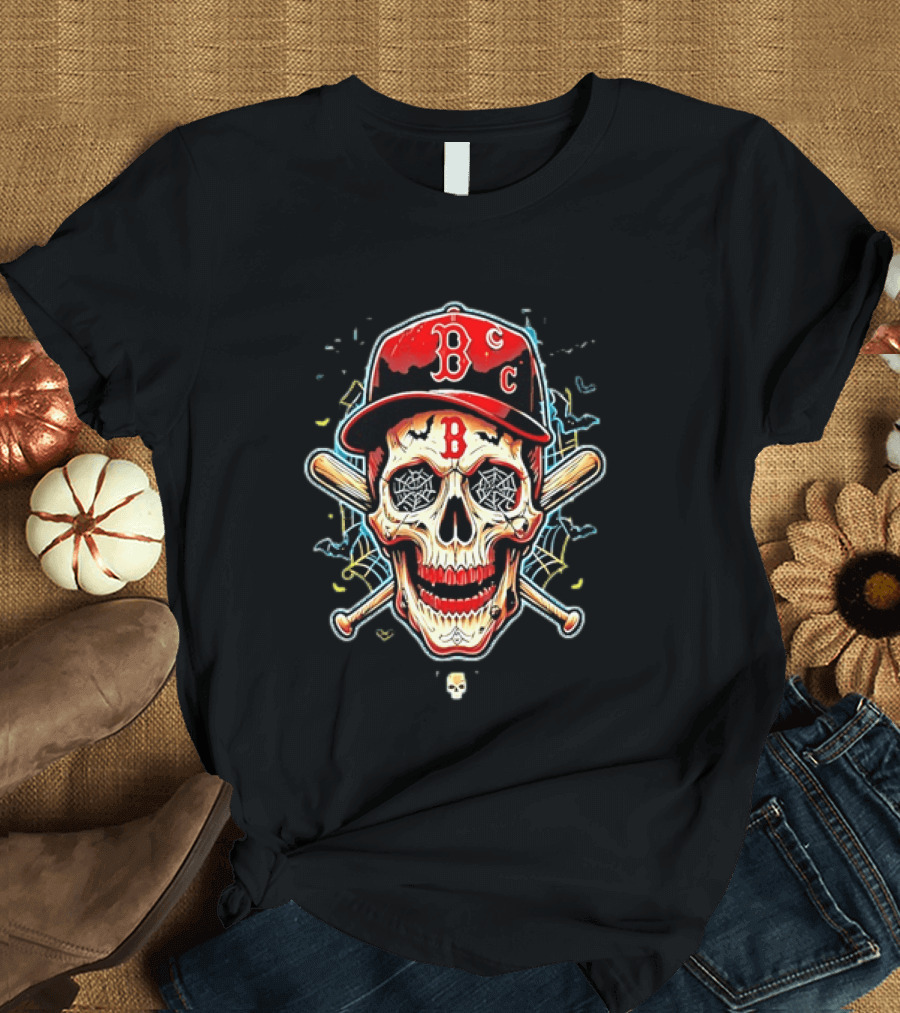 Boston Red Sox Skull Baseball Crossed Bats Red Cap T-Shirt