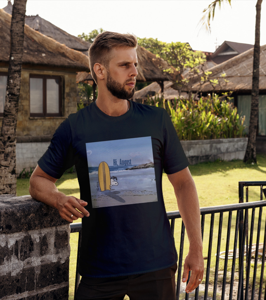 Snoopy Hi August Surfboard Beach Scene By Schulz T-Shirt