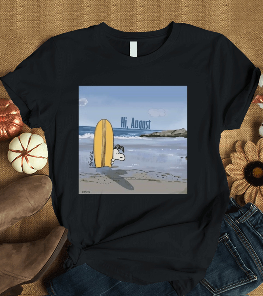 Snoopy Hi August Surfboard Beach Scene By Schulz T-Shirt