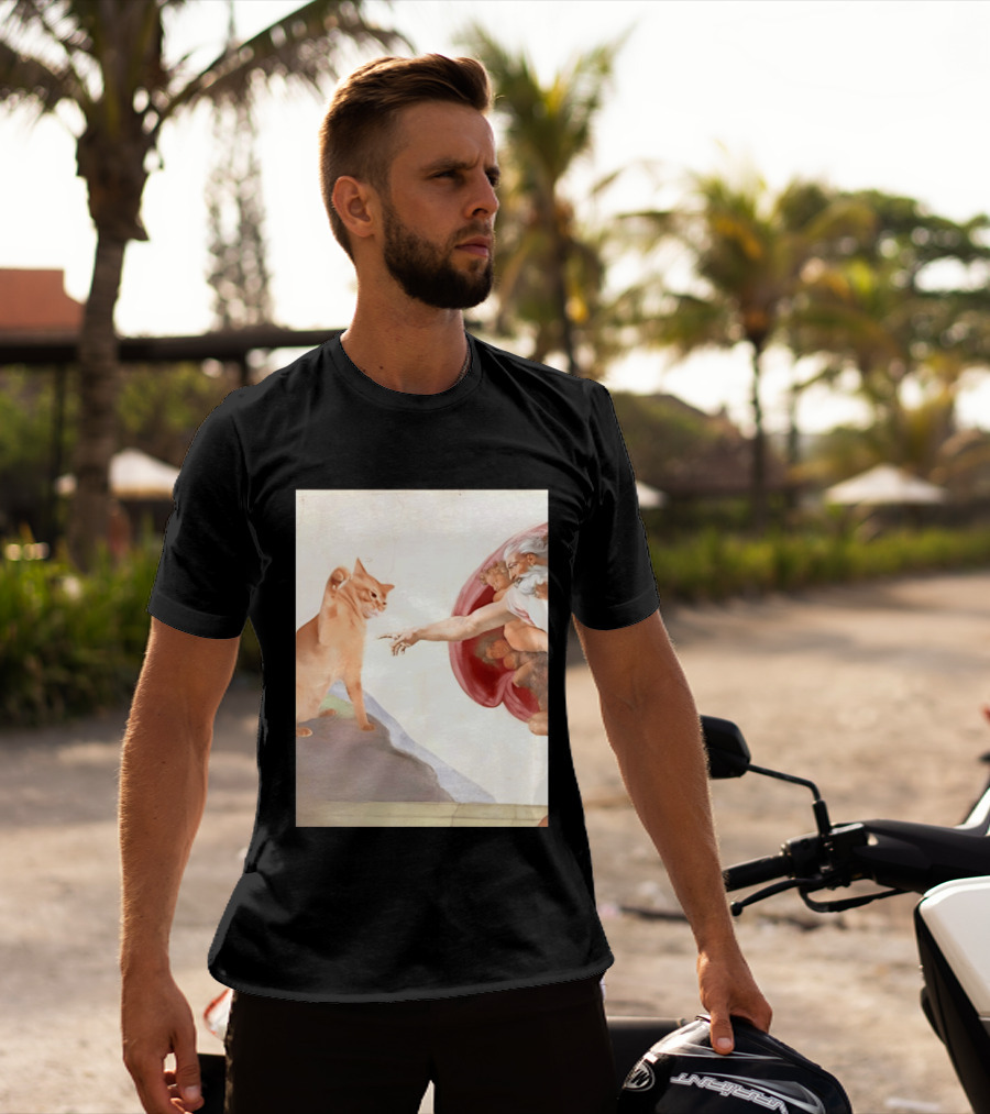 The Creation Of Adam With A Cat By Michelangelo T-Shirt