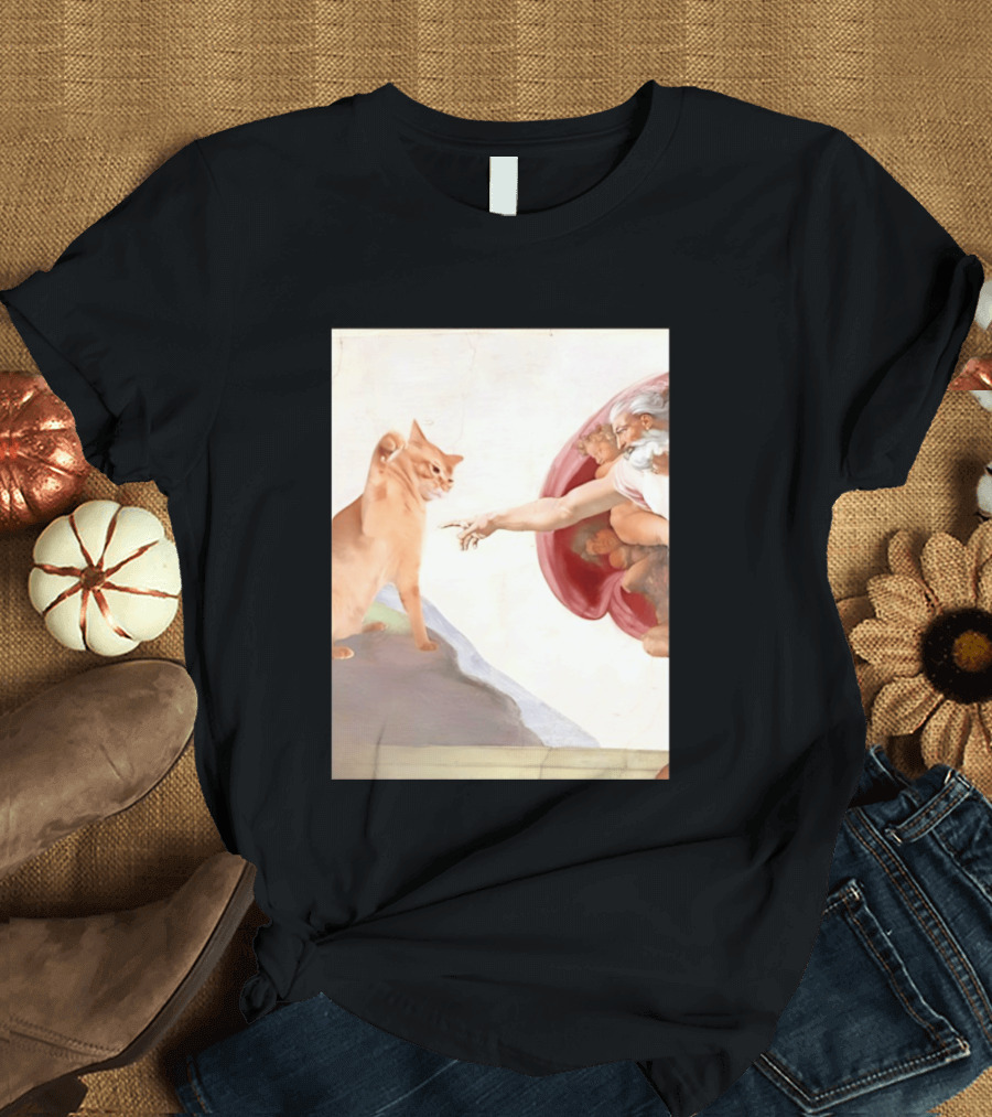 The Creation Of Adam With A Cat By Michelangelo T-Shirt