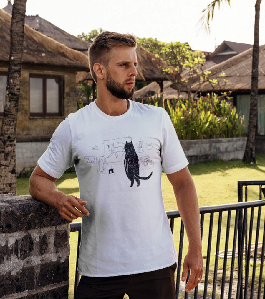 Black Cat Observing Doodle Drawings Of Cats T-Shirt