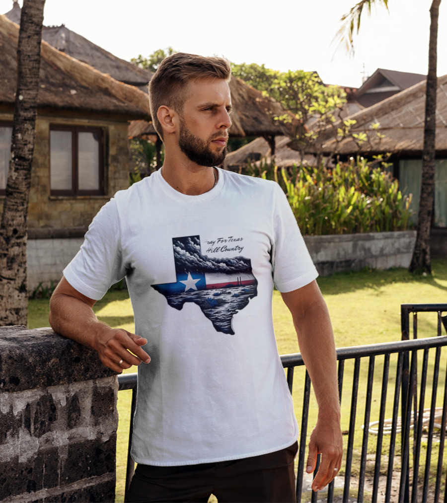 Pray For Texas Hill Country Map Texas Flag Storm Clouds T-Shirt