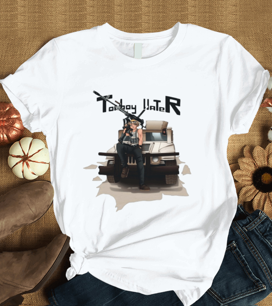 Tomboy Hater Anime Character With Gun And Armored Vehicle T-Shirt