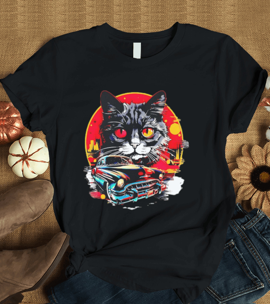 Black Cat With Vintage Classic Car And Retro Sunset T-Shirt