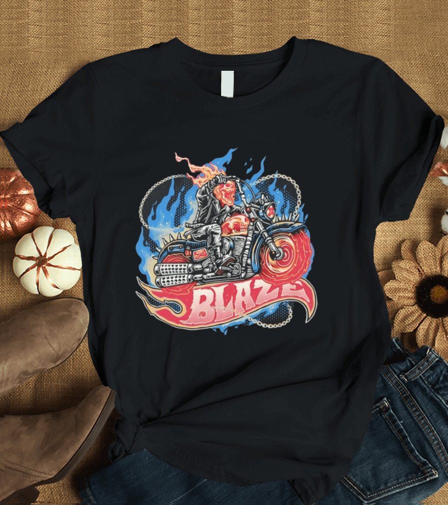 Blaze Flaming Skull Motorcycle Rider Blue Flame T-Shirt