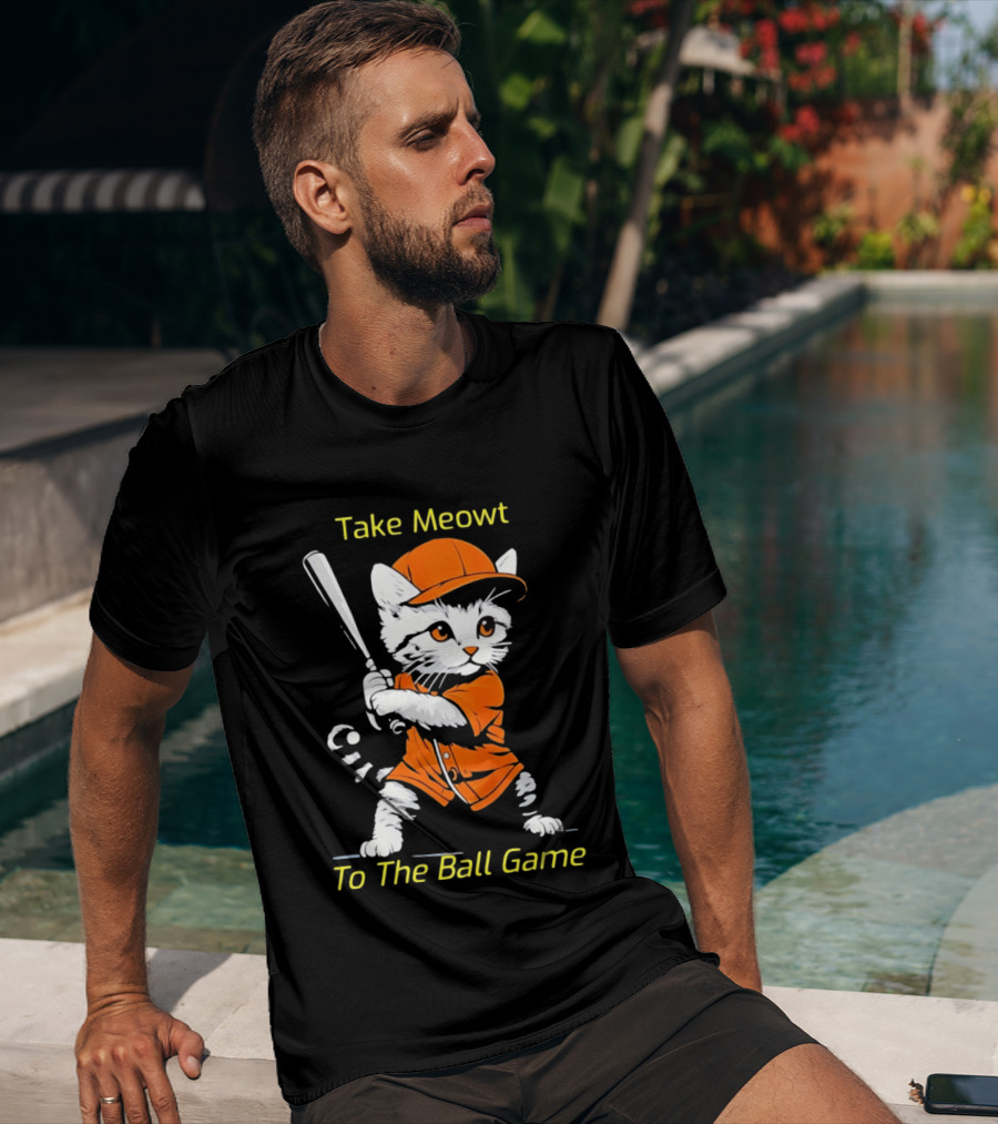 Take Meowt To The Ball Game Baseball Cat In Orange Uniform With Bat T-Shirt