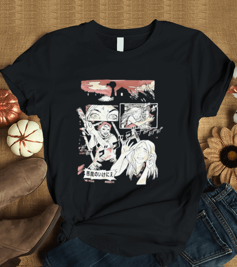 The Texas Chain Saw Massacre Manga Horror Panel With Japanese Text And Chainsaw Action T-Shirt