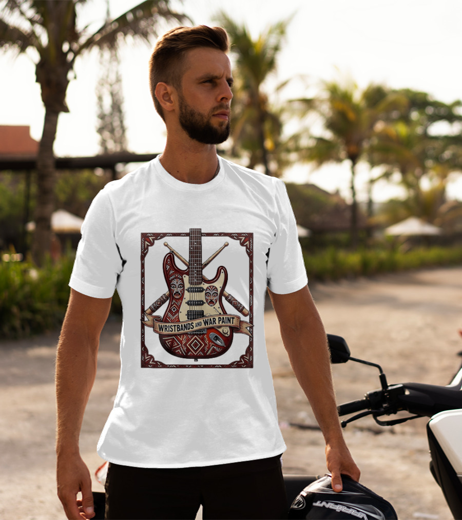 Wristbands And War Paint Electric Guitar Tribal Mask T-Shirt