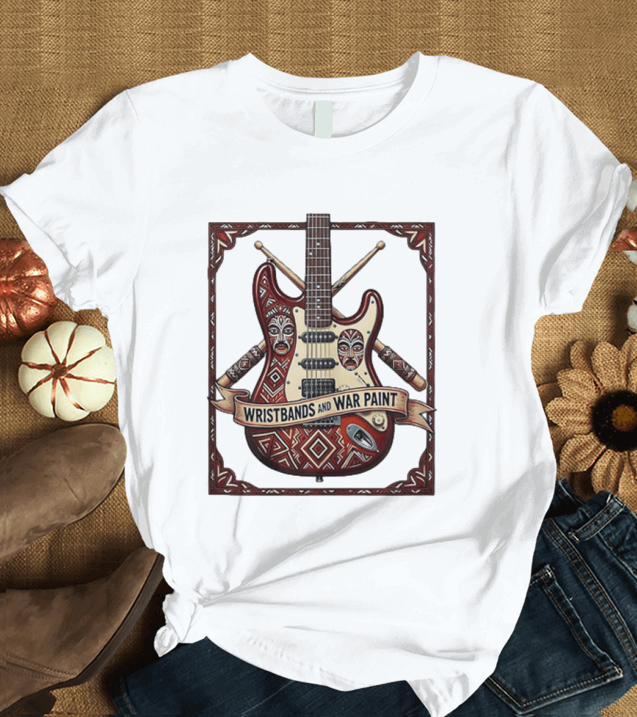 Wristbands And War Paint Electric Guitar Tribal Mask T-Shirt