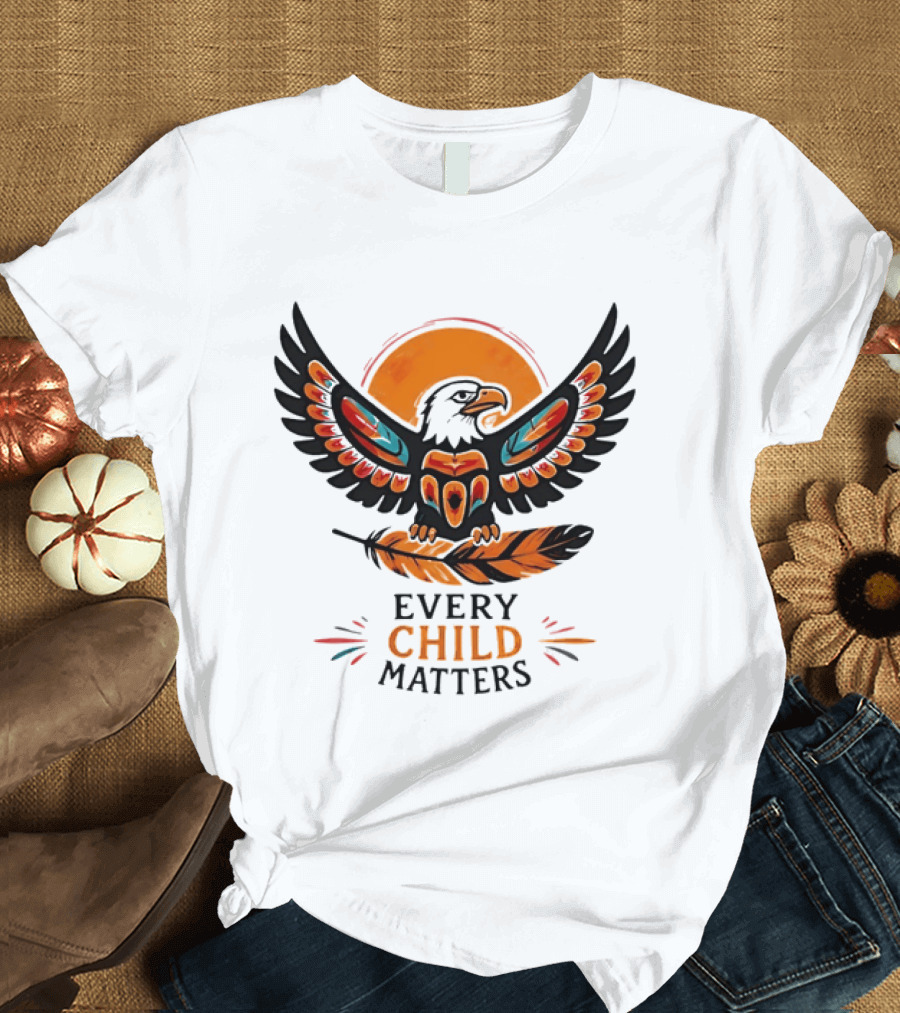 Every Child Matters Indigenous Eagle Feather Orange Sun T-Shirt