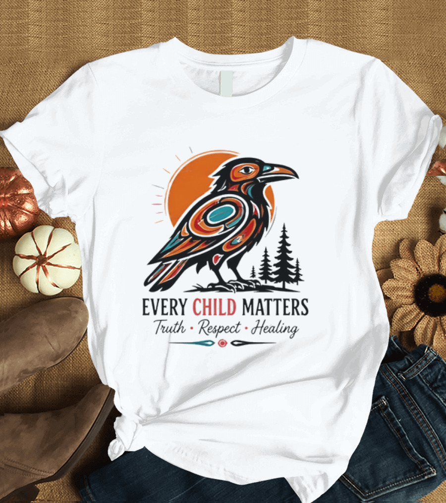 Every Child Matters Truth Respect Healing Raven With Sun And Trees T-Shirt