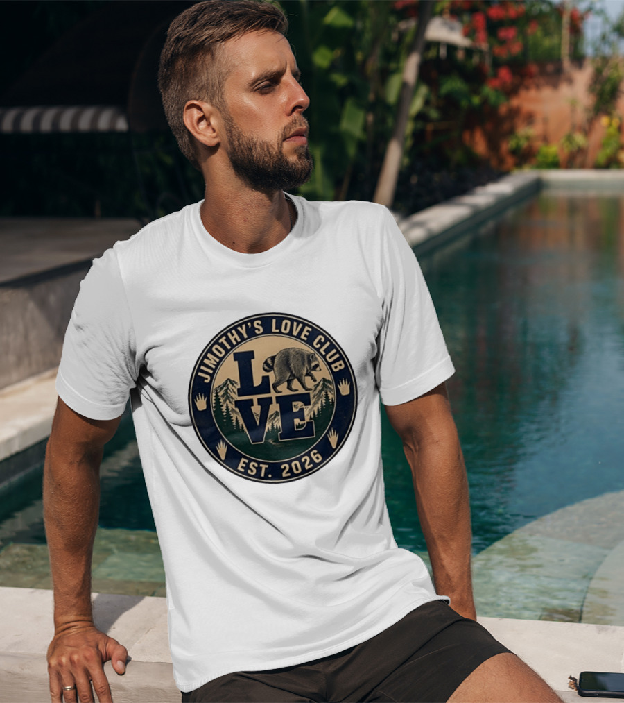 Jimothy's Love Club Raccoon Love Est 2026 Mountain Shield T-Shirt