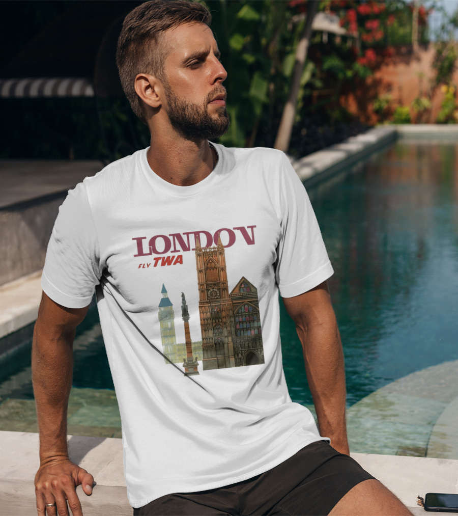 London Fly TWA Travel Big Ben Westminster Abbey Landmark T-Shirt
