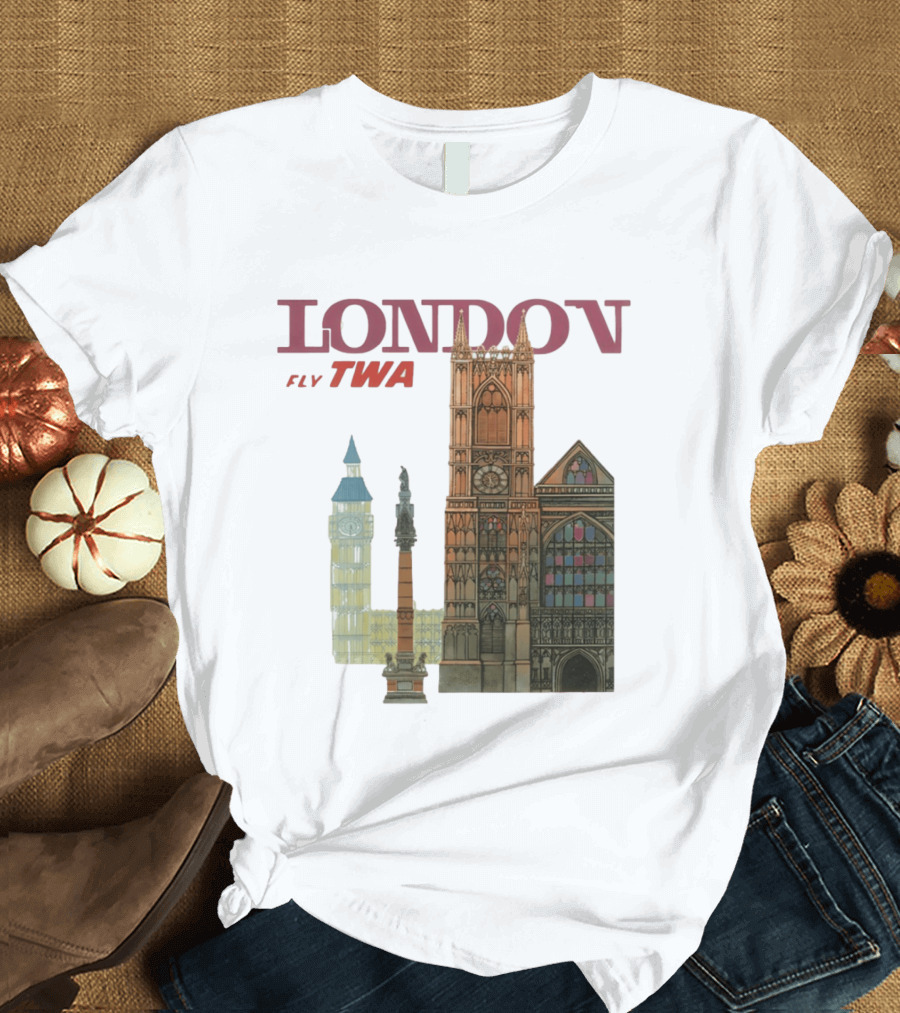 London Fly TWA Travel Big Ben Westminster Abbey Landmark T-Shirt
