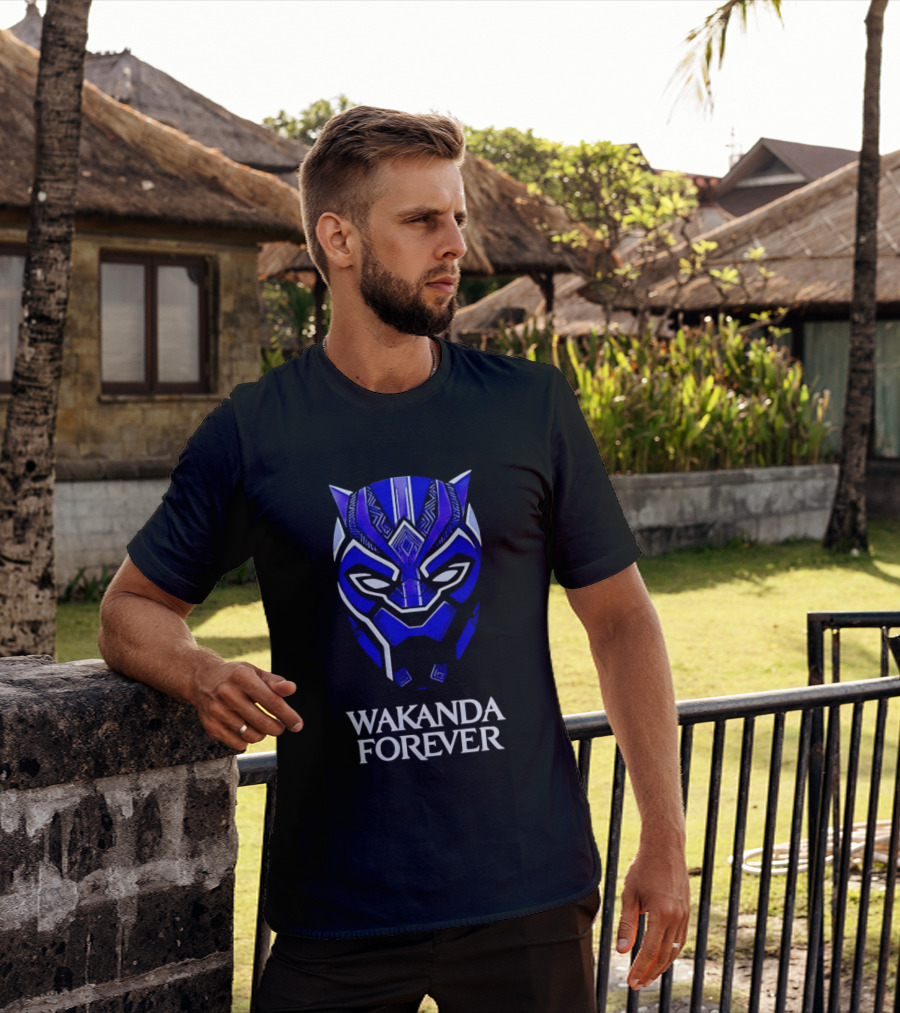 Wakanda Forever Blue Black Panther Mask Marvel T-Shirt