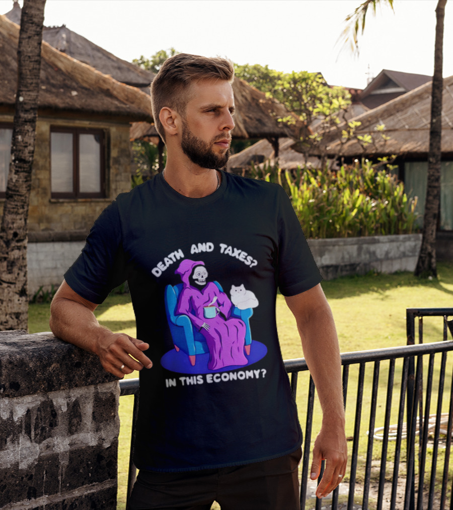 Death And Taxes Grim Reaper With Cat In This Economy T-Shirt