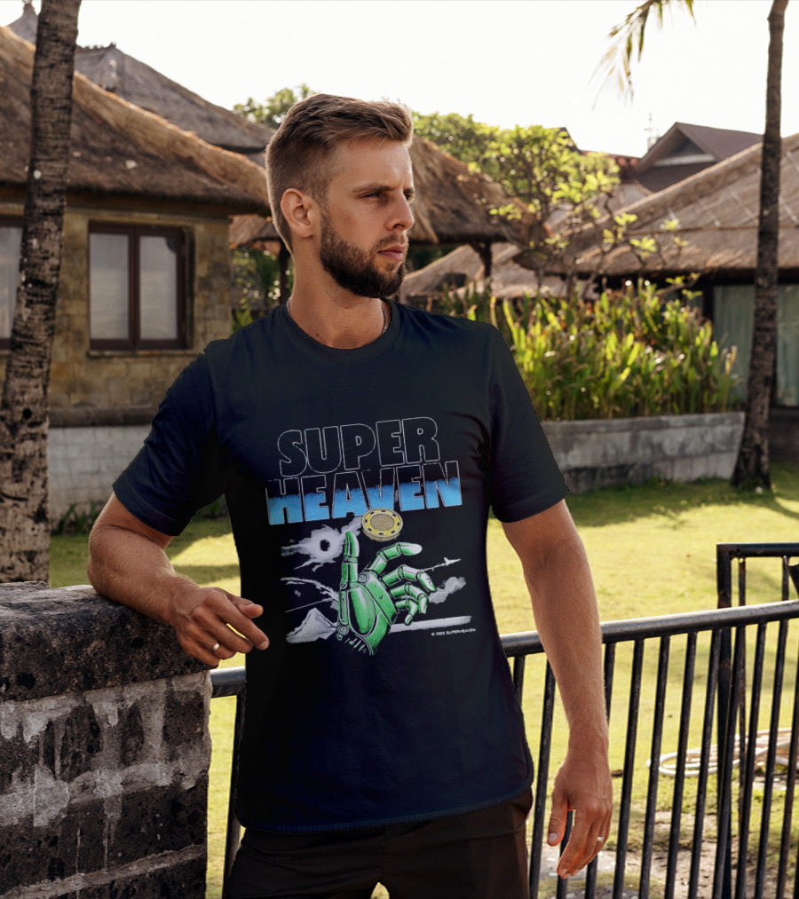 Superheaven Robotic Hand Space Adventure Coin And Mountain Scene T-Shirt
