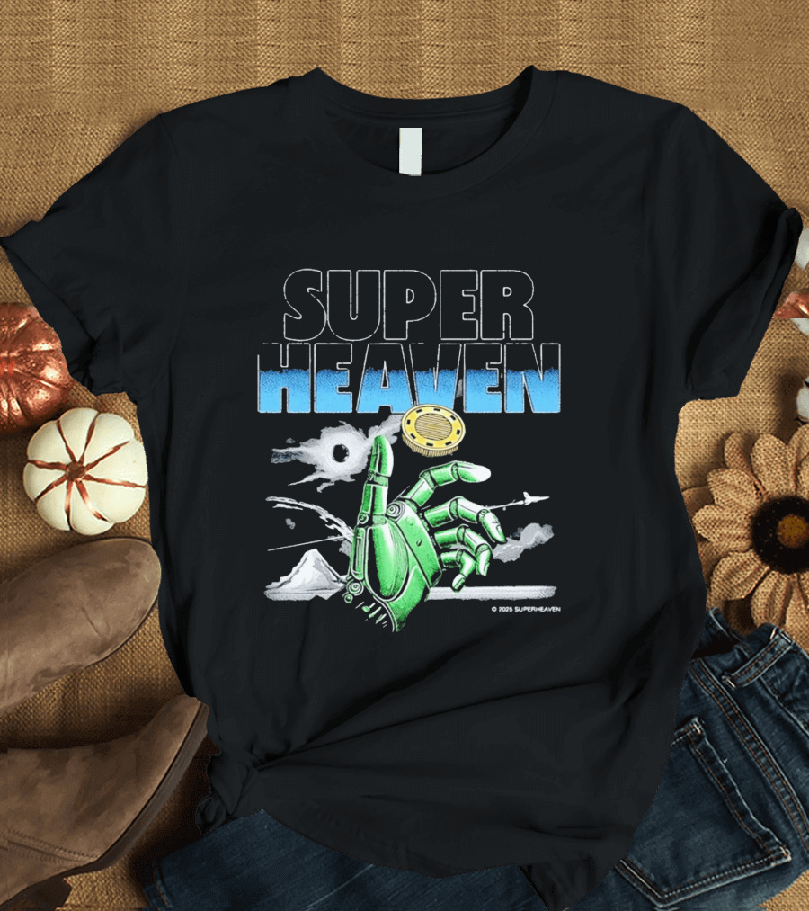 Superheaven Robotic Hand Space Adventure Coin And Mountain Scene T-Shirt