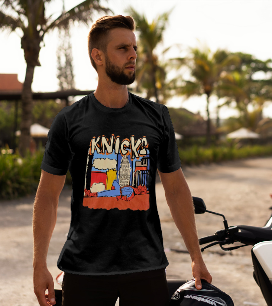 New York Knicks Spiderman Marvel NBA Basketball Skyline T-Shirt