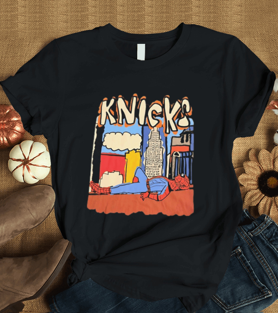 New York Knicks Spiderman Marvel NBA Basketball Skyline T-Shirt