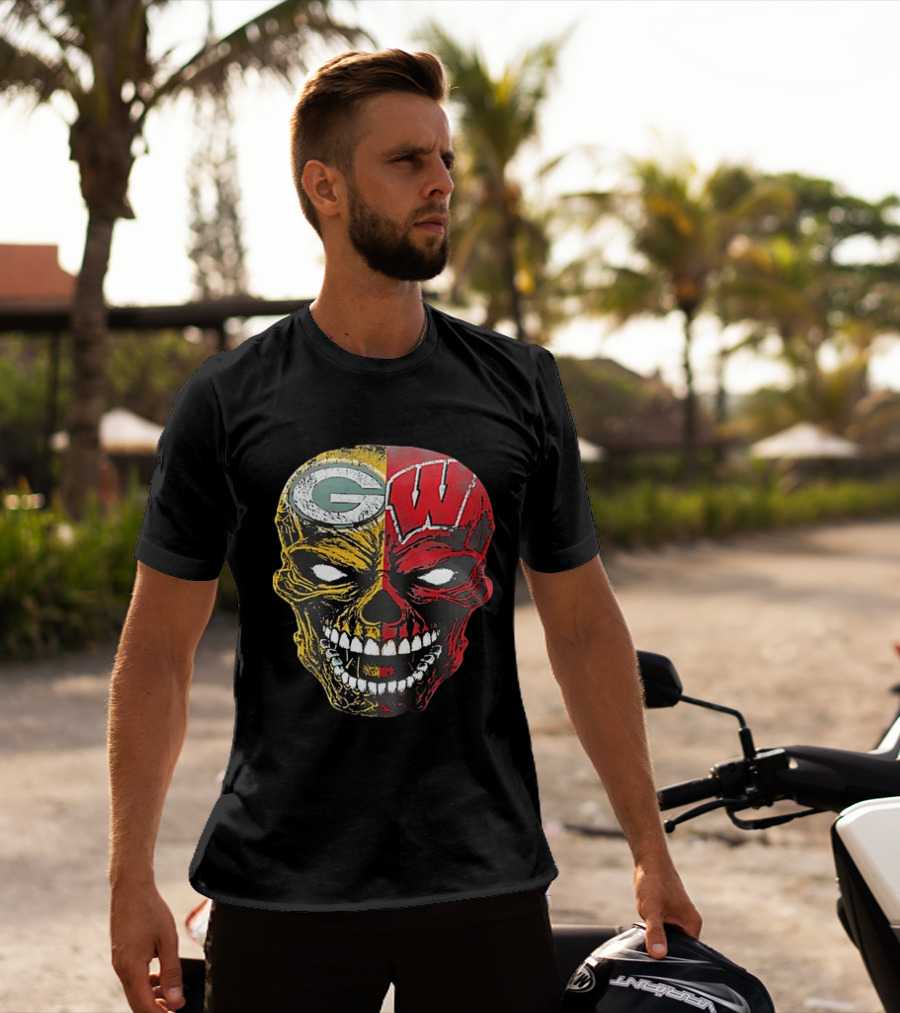 Wisconsin Green Bay Packers Badgers G W Skull Black T-Shirt