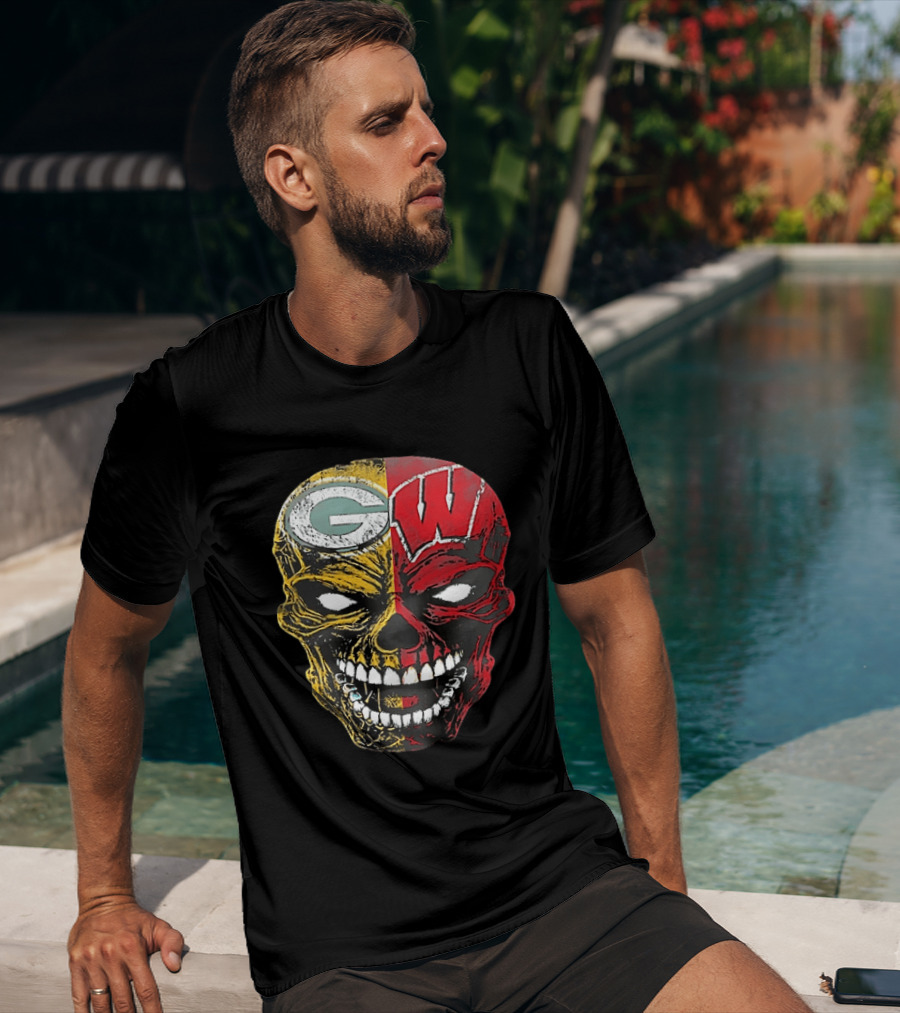 Wisconsin Green Bay Packers Badgers G W Skull Black T-Shirt