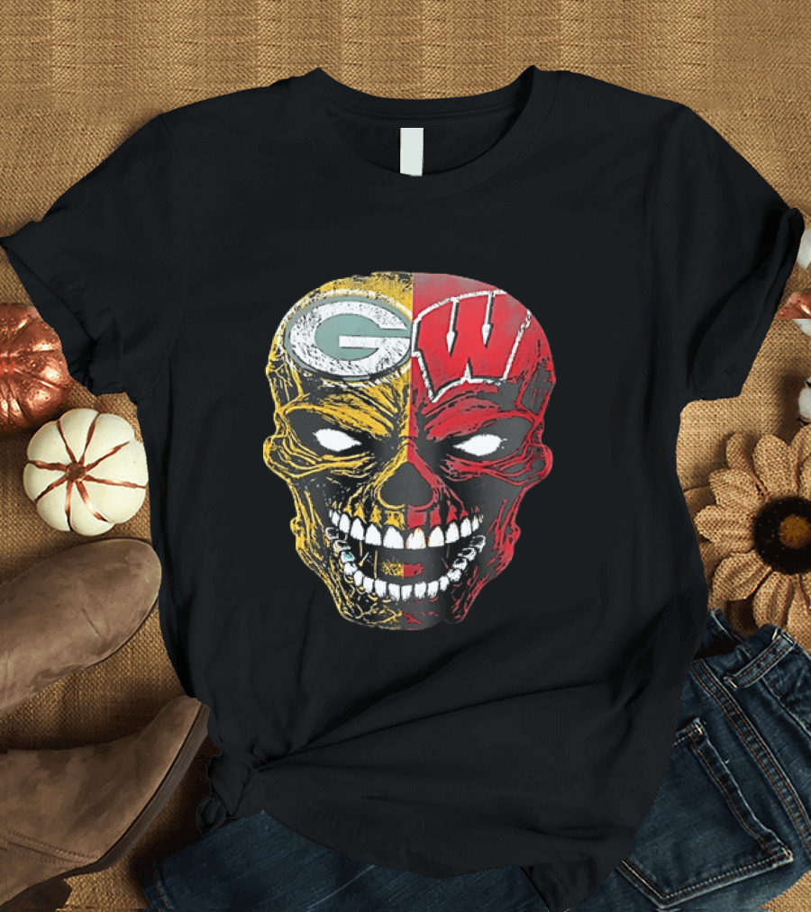 Wisconsin Green Bay Packers Badgers G W Skull Black T-Shirt