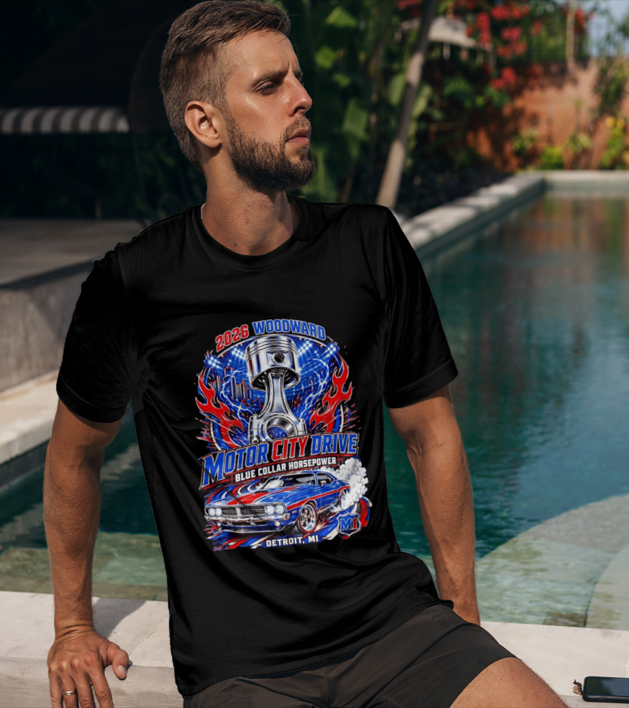 2026 Woodward Motor City Drive Blue Collar Horsepower Detroit MI M1 T-Shirt