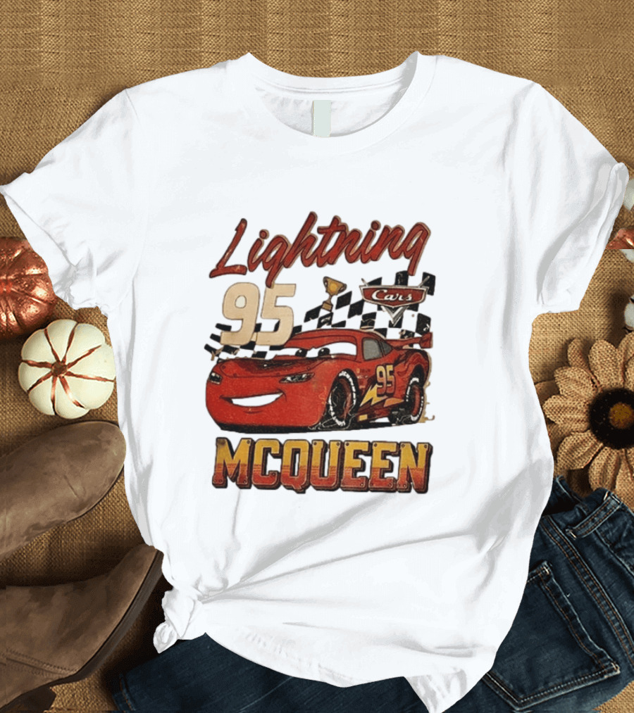 Lightning McQueen 95 Cars Trophy Checkered Flags Disney Pixar T-Shirt