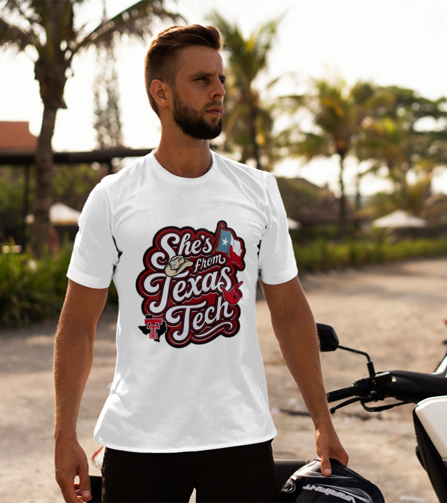 She's From Texas Tech Red Raiders Cowboy Hat Flag T-Shirt
