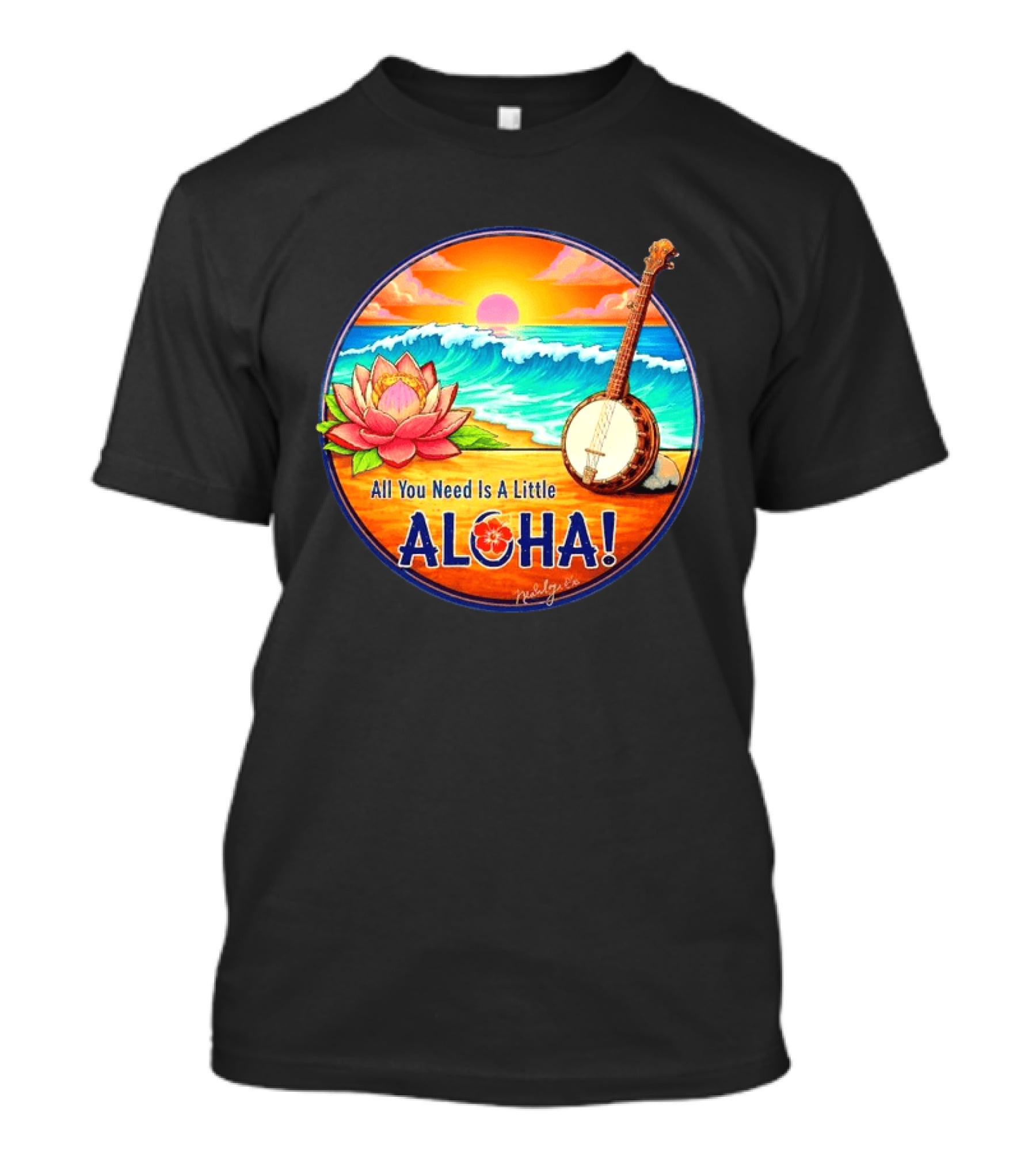 All You Need Is A Little Aloha Lotus Flower Sunset Ocean Banjo T-Shirt